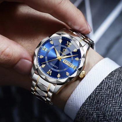 Luxury Binbond authentic men’s watch waterproof night light dual calendar watch men’s quartz watch diamond ceiling glass- Blue